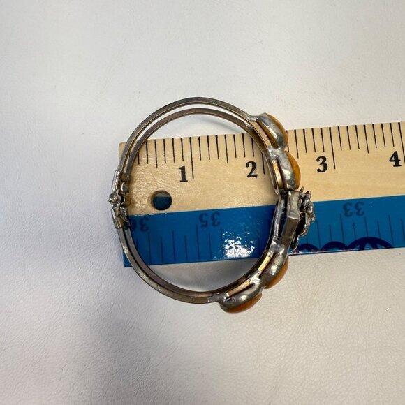 Handmade Vintage Hinged Bangle Bracelet Silver-Tone Boho Tan Blue Floral - Picture 4 of 10
